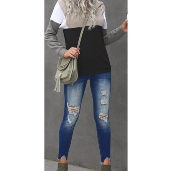 Women's Color Block Draw String 1/4 Zip Pull On Hoodie - Picture 3 of 5